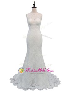 Fashionable Mermaid Sleeveless With Train Lace Backless Wedding Gowns with White Brush Train