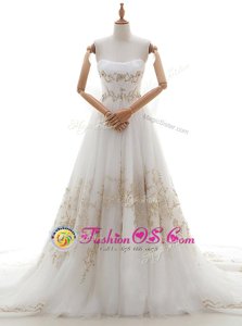 With Train Lace Up Bridal Gown White and In for Wedding Party with Appliques and Bowknot Chapel Train