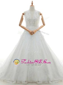 Stunning White Ball Gowns Lace and Appliques Wedding Dress Lace Up Lace Sleeveless With Train