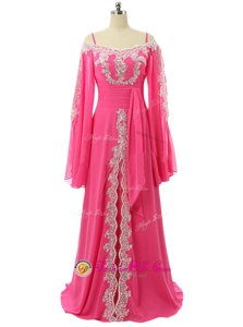 Hot Pink A-line Chiffon Spaghetti Straps Long Sleeves Lace and Sequins Zipper Sweep Train