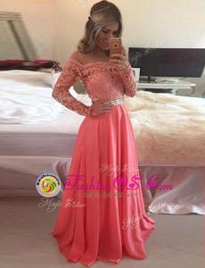 Watermelon Red A-line Scoop Long Sleeves Chiffon Floor Length Zipper Beading and Appliques Prom Party Dress