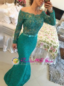 Noble Mermaid Backless Lace Green Long Sleeves Beading Floor Length Dress for Prom
