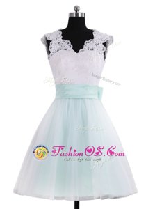 Designer Lace and Sashes|ribbons Cocktail Dress Blue And White Zipper Sleeveless Mini Length