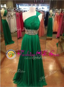 Dynamic One Shoulder Green Sleeveless With Train Beading Backless Evening Dress