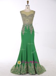 Mermaid Scoop Sleeveless Beading and Appliques Zipper with Green Brush Train