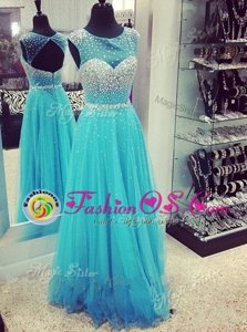Mermaid Aqua Blue Dress for Prom High-neck Sleeveless Sweep Train Zipper