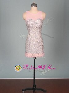 Wonderful Scoop Sleeveless Mini Length Beading Zipper Prom Dress with Pink
