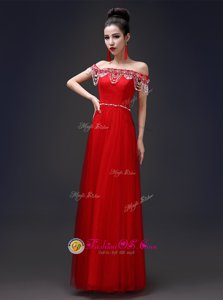 Floor Length Red Prom Evening Gown Strapless Sleeveless Lace Up