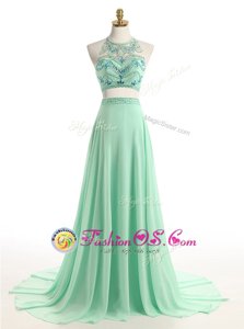 Perfect Halter Top Sleeveless Chiffon Brush Train Zipper Prom Gown in Apple Green for with Beading