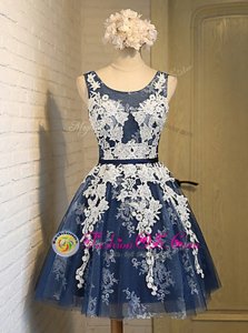 Best Selling Knee Length Navy Blue Prom Gown Scoop Sleeveless Lace Up