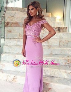 Modern Off the Shoulder Mermaid Short Sleeves Lilac Prom Party Dress Brush Train Zipper
