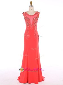 Popular Mermaid Scoop Watermelon Red Sleeveless Brush Train Beading Prom Party Dress