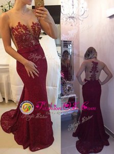 Popular Mermaid Scoop Sleeveless Chiffon With Train Court Train Zipper Celebrity Prom Dress in Burgundy for with Beading and Appliques and Bowknot