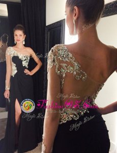 Mermaid One Shoulder Chiffon Long Sleeves With Train Prom Party Dress Sweep Train and Beading