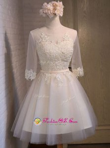 Organza Scoop Half Sleeves Lace Up Appliques Prom Gown in White