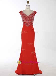 Dynamic Sequins Brush Train Mermaid Prom Evening Gown Red Scoop Chiffon Sleeveless With Train Zipper