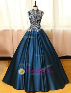 Shining Navy Blue Sleeveless Floor Length Appliques Backless Mother Of The Bride Dress