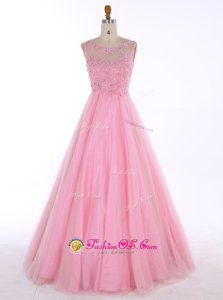 Custom Design A-line Prom Party Dress Baby Pink Scoop Satin Sleeveless Floor Length Backless