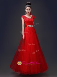 Comfortable Red Lace Up Scoop Beading and Appliques Tulle and Lace Sleeveless