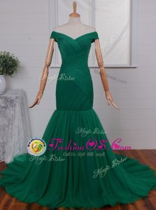 Modern Mermaid Green Zipper Off The Shoulder Ruching Red Carpet Prom Dress Tulle Sleeveless Court Train