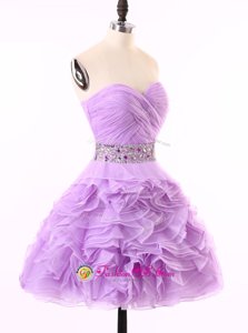 Modern Beading and Ruching Prom Evening Gown Lavender Zipper Sleeveless Mini Length
