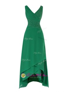 Flirting Green Zipper V-neck Beading and Ruching Prom Party Dress Chiffon Sleeveless