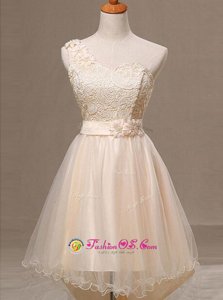 Beautiful One Shoulder Champagne Sleeveless Lace and Pleated and Hand Made Flower Knee Length Prom Dress