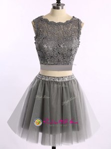 Scoop Lace Prom Party Dress Grey Zipper Sleeveless Mini Length