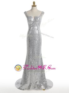 Lovely Mermaid Square Silver Sequined Zipper Dress for Prom Sleeveless With Train Sweep Train Sequins