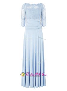 Fancy Floor Length Light Blue Prom Evening Gown Silk Like Satin 3|4 Length Sleeve Lace