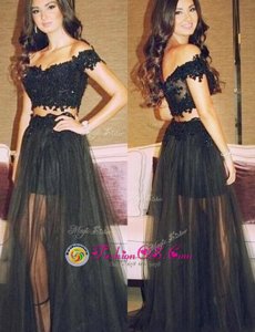 Black A-line Lace Off The Shoulder Sleeveless Lace Floor Length Zipper Dress for Prom