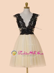 V-neck Cap Sleeves Evening Dress Knee Length Appliques and Sequins Champagne Organza