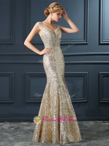 Deluxe Mermaid Floor Length Champagne Prom Gown Sequined Sleeveless Sequins