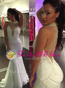Mermaid High-neck Sleeveless Sweep Train Criss Cross Prom Evening Gown White Tulle