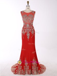 Top Selling Mermaid Scoop Red Chiffon Zipper Sleeveless With Brush Train Beading and Appliques