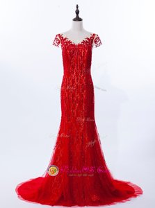 Chic Mermaid Scoop Cap Sleeves Evening Dress Brush Train Beading and Appliques Red Lace