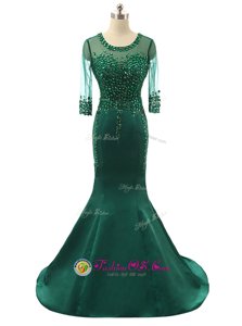 Luxurious Mermaid Satin Scoop 3|4 Length Sleeve Brush Train Zipper Beading Celebrity Evening Dresses in Green