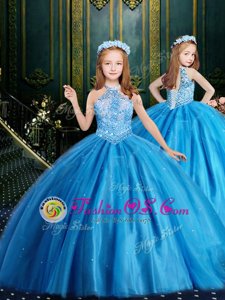 Discount Halter Top Sequins Floor Length Ball Gowns Sleeveless Baby Blue Flower Girl Dress Lace Up