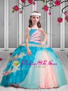 Multi-color Ball Gowns Organza Spaghetti Straps Sleeveless Beading and Ruffles Floor Length Lace Up Toddler Flower Girl Dress