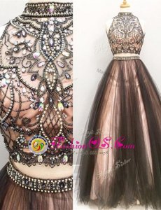 Dynamic Brown Two Pieces Tulle High-neck Sleeveless Beading and Ruching Floor Length Zipper Prom Evening Gown
