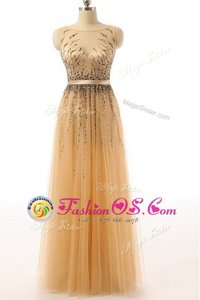 Scoop Sequins Peach Sleeveless Organza Sweep Train Side Zipper for Prom and Party