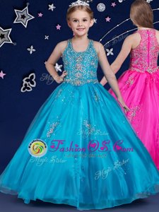 Luxury Blue Organza Zipper Scoop Sleeveless Floor Length Flower Girl Dresses Beading