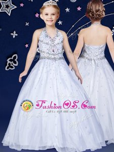 Latest Halter Top Sleeveless Organza Floor Length Lace Up Flower Girl Dresses in White for with Beading