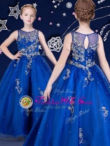 Scoop Royal Blue Sleeveless Beading and Appliques Floor Length Toddler Flower Girl Dress