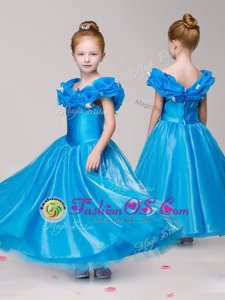 Sweet Off The Shoulder Cap Sleeves Flower Girl Dresses for Less Ankle Length Appliques Blue Tulle