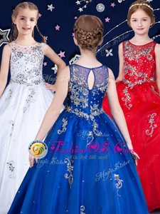 Dazzling White and Red and Royal Blue Organza Zipper Scoop Sleeveless Floor Length Flower Girl Dress Beading