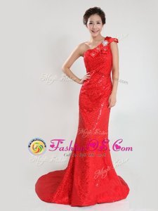 Low Price One Shoulder Sleeveless Sequined Celebrity Dresses Sequins and Bowknot Sweep Train Zipper