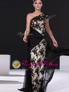 Black Evening Gowns Prom and Party and For with Lace One Shoulder Cap Sleeves Brush Train Side Zipper
