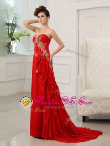 Sexy Red Column/Sheath Beading and Appliques and Ruffled Layers Celeb Inspired Gowns Zipper Chiffon Sleeveless With Train