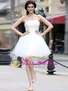Classical White A-line Chiffon Strapless Sleeveless Beading Knee Length Lace Up Dress for Prom